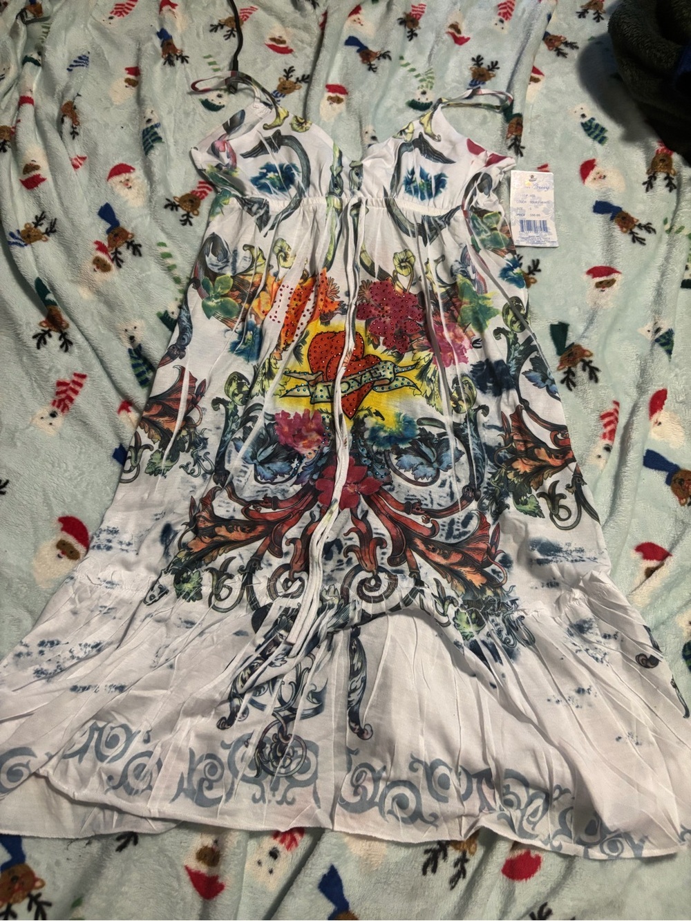 White Floral Tattoo Print Summer Dress with Straps
